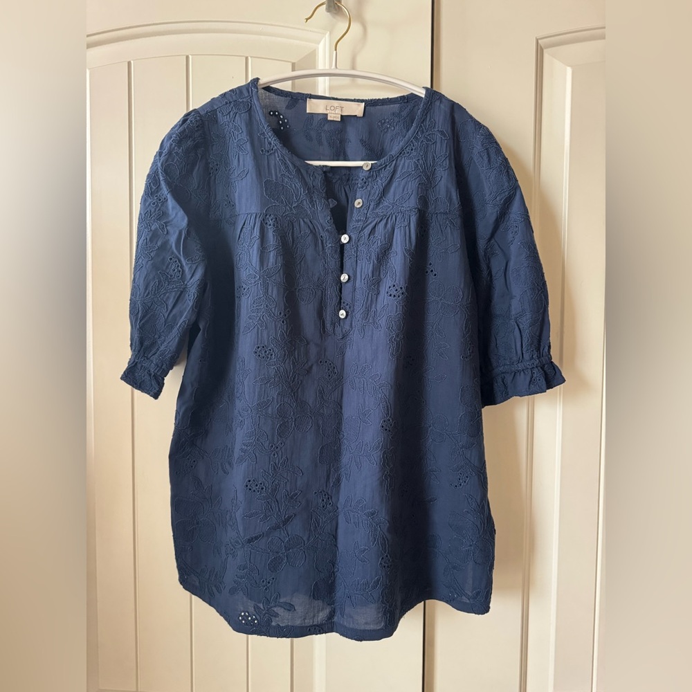LOFT Navy Embroidered Blouse